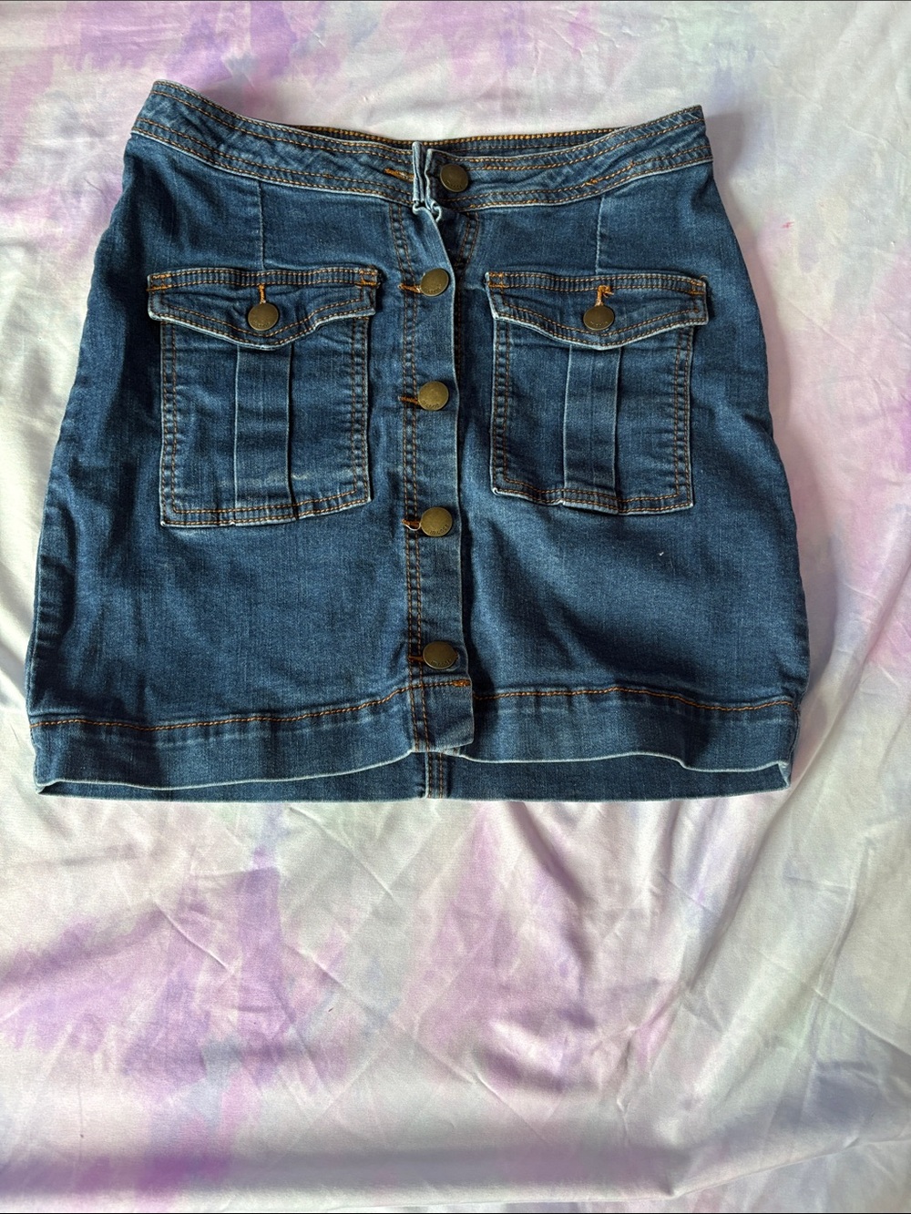 Mind Code Indigo Button-Front Denim Mini Skirt with Flap Pockets